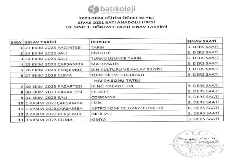 2023-2024 1. DÖNEM 1. YAZILI TARİHLERİ
